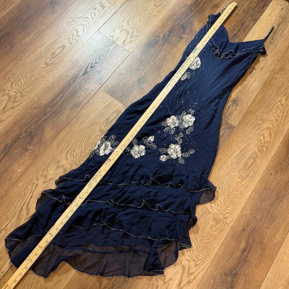 Vintage Y2K 100% Silk Beaded Dress Blue Floral Beaded Fairy Ruffle Prom Dress - Picture 9 of 16
